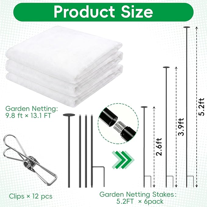 Metal Garden Netting Covers Kit for Raised Beds, 6 Pack 5.2FT Garden Poles Support Stakes with 10×13FT Insect Pest Barrier Plant Netting Mesh & 12 Clips for Vegetable Fruit Flower Garden Protection