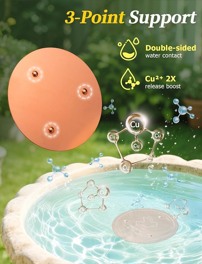 Mellbree 3-Pack Bird Bath Copper Disc, 0.6mm Reinforced 99.99% Pure Copper Cleaning Disk with Triple-Point Support for Physical Safe Clean Water All-Season