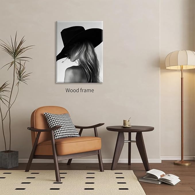 FuSatisYilife Trendy Black And White Framed Wall Art Cool Western Woman Smoking