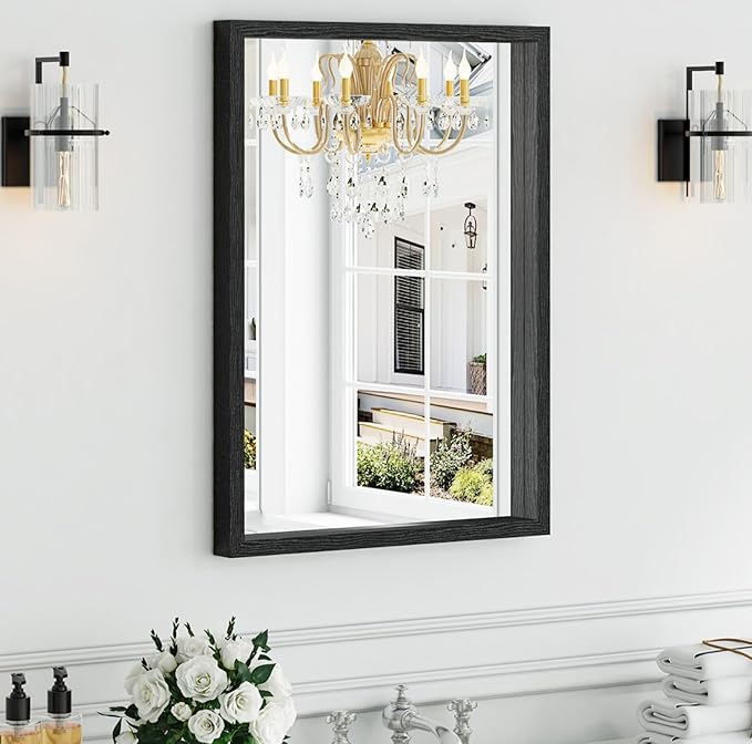 Syndra Black Wood Frame Bathroom Mirror, Waterproof Slim Deep Frame,