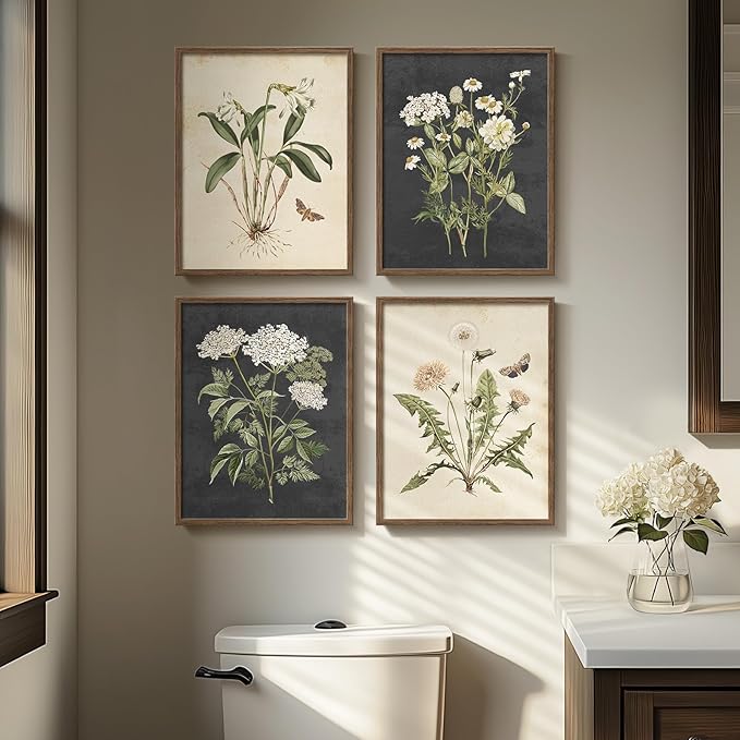 Framed Botanical Wall Art, 4 Piece Vintage Farmhouse Floral Canvas Painting