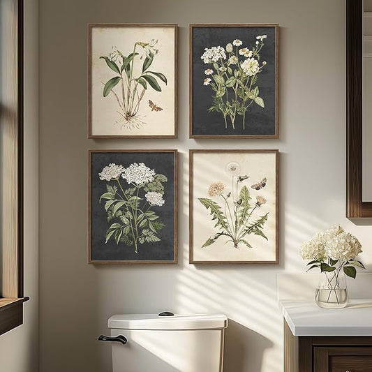 Framed Botanical Wall Art, 4 Piece Vintage Farmhouse Floral Canvas Painting