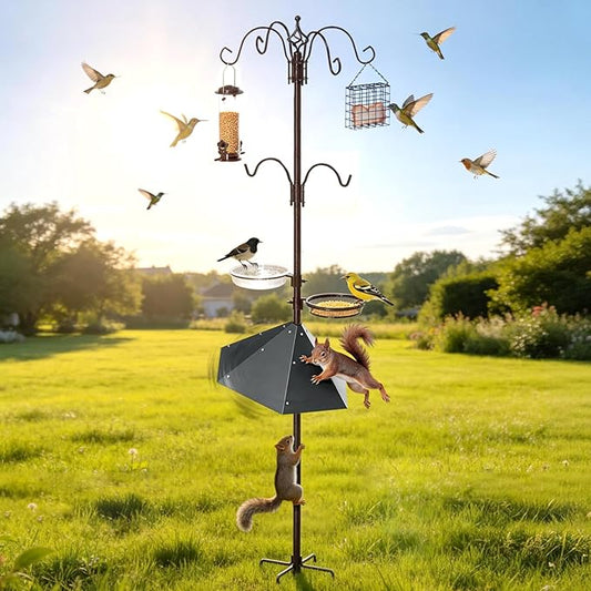94" Bird Feeding Station Kit with Metal Squirrel Baffle, Heavy Duty Metal Bird Feeding Station with Seed Tray＆Mesh Basket, Easy Assembly Ground Mounted Bird Feeder Pole for Garden Yard Outdoor
