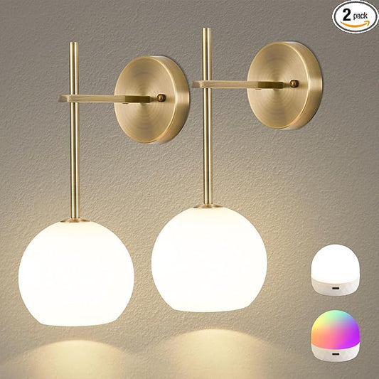 Brass Battery Operated Wall Sconces Set of 2, Rechargeable Wireless Wall Lights