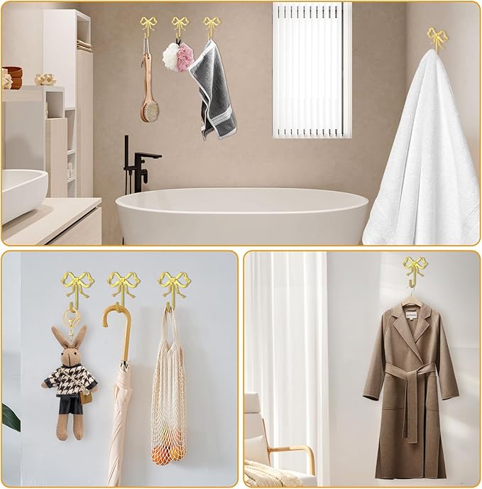 4 PCS Large Size Gold Bow Wall Hook, Metal Hooks, Bow Room Decor Hooks