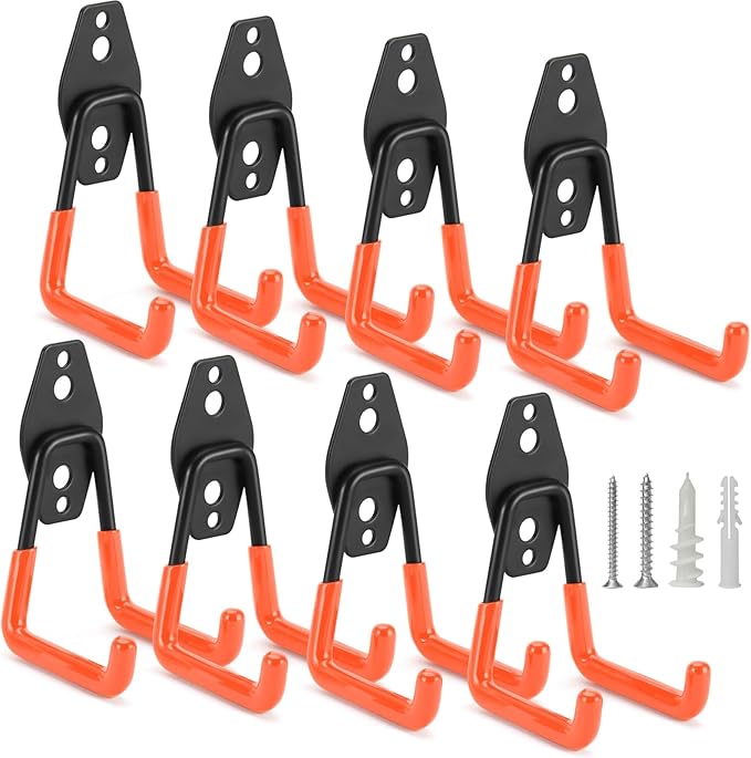 8 Pack Heavy Duty Garage Hooks Storage Organizer Wall Mount Power and Garden Tool Hangers, for Hanging Ladders, Ropes, Hose, Bulk Items