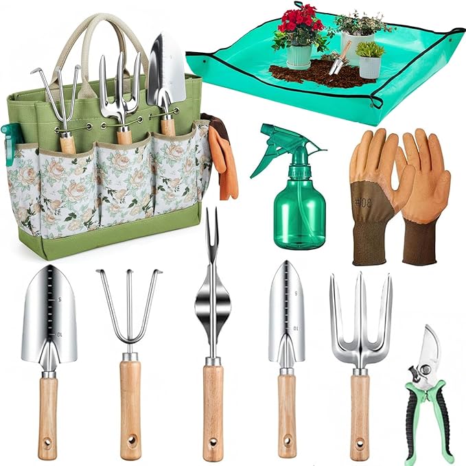 Heavy Duty 10-Piece Garden Tool Set, Rust-Proof Stainless Steel Gardening Hand Tools, Ergonomic Non-Slip Grips, Ideal Gardening Gifts for Women & Men â Gardening Essentials (Green)