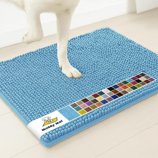 Muddy MatÂ® | Super Water Absorbent Door Mat Indoor, Microfiber Quick Dry Chenille Entryway Rug, Slip Resistant Front Door Mat, Indoor Mats for Entryway, Machine Washable Pet Rug, Sky Blue 32" x 44"