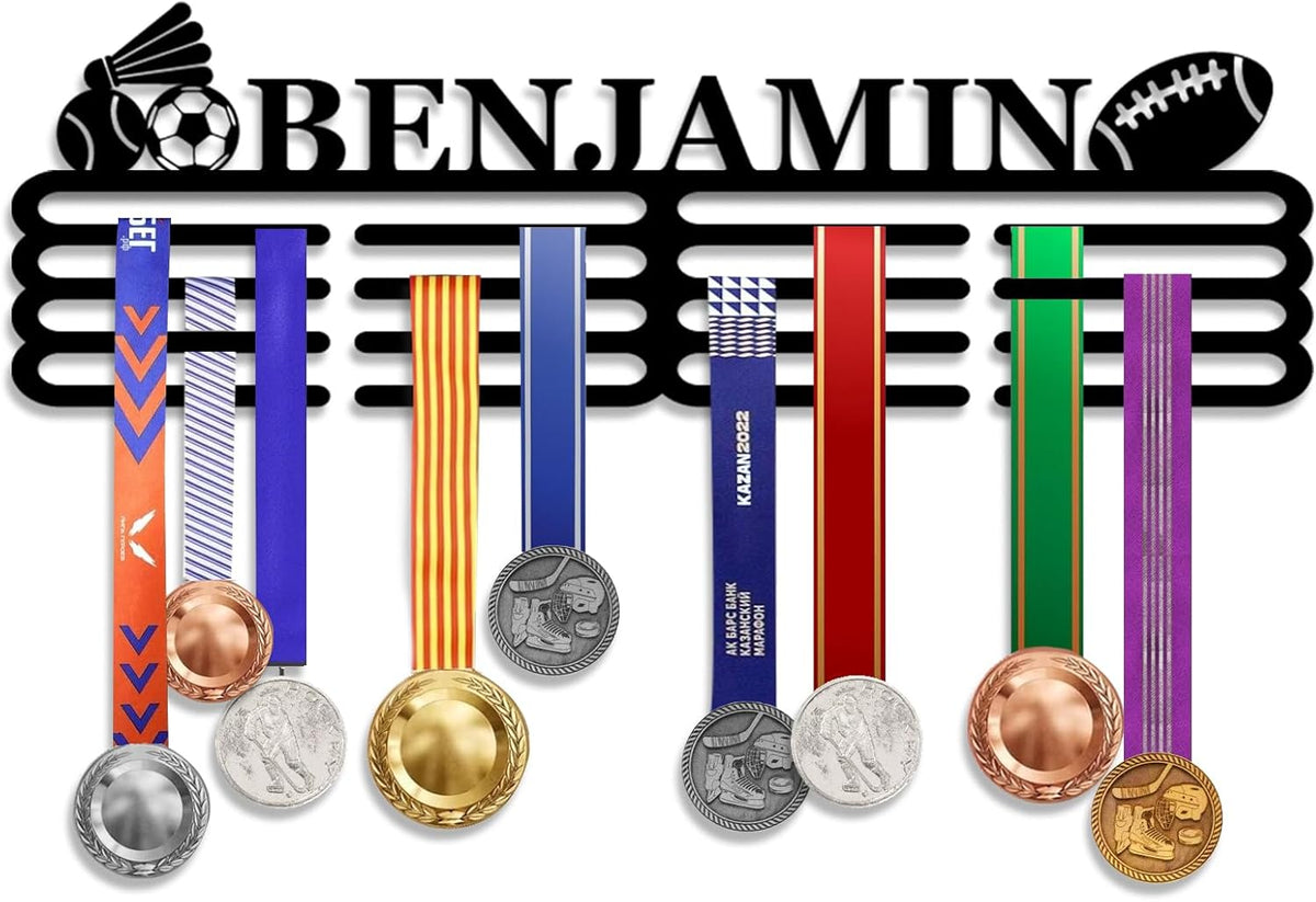 Skiennix Personalized Medal Hanger Display - Custom Name Wall Mount Trophy Shelf | Tiered Award Rack for Sports