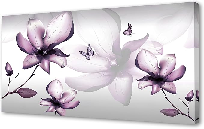 Muolunna BK06598 Purple Magnolia with Butterfly Flower Canvas Wall Art Picture 1 Panel 3D Wallpaper Modern Art Prints Painting for Bedroom Modern Office Wall Decor Artwork