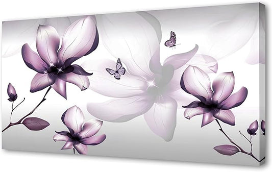 Muolunna BK06598 Purple Magnolia with Butterfly Flower Canvas Wall Art Picture 1 Panel 3D Wallpaper Modern Art Prints Painting for Bedroom Modern Office Wall Decor Artwork