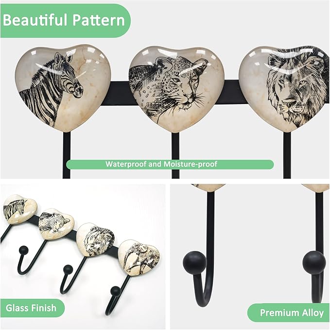 Coat Rack Wall Mounted with 4 Hook, Heart Glass Finishes Animal Pattern