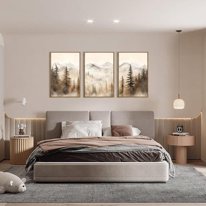 IARTTOP Large Mountain Forest Framed Canvas Wall Art 16x24 Inch Set of 3 Abstract Misty Woodland Painting Modern Farmhouse Art Prints for Living room Dining room
