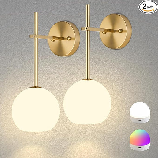 Gold Battery Operated Wall Sconces Set of 2, Rechargeable Wireless Wall Lights