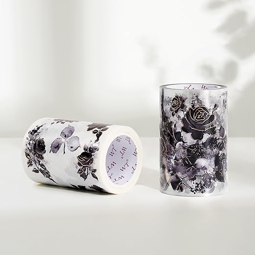 WT Rose Noir Wide PET Tape Gilded,Single Roll,Original Designs,Black Floral Decors,Transparent Clear Adhesive Tape,Gold Foil,Scrapbooks Junk Bujo Journals Planners DIY Crafts Supplies Gifts
