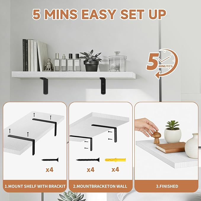 Easy Install Floating Shelves, 15.7 Inch Wall Mounted Wood Shelf, Hanging Shelf