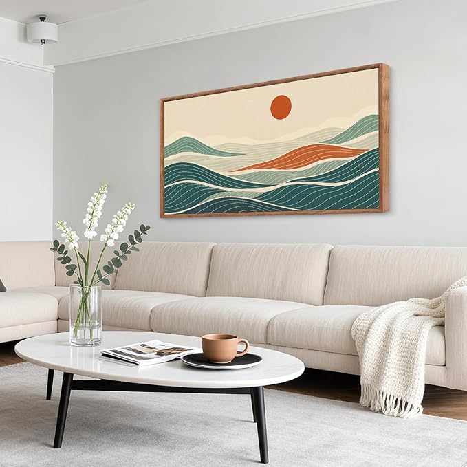 CHDITB Long Coastal Framed Wall Art, Minimalist Coastal Horizontal Wall Decor, Abstract Waves Line Artwork Ocean Sea Painting, Modern Beach Above Bed Art Prints for Nautical Theme Bedroom 40"x20"x1