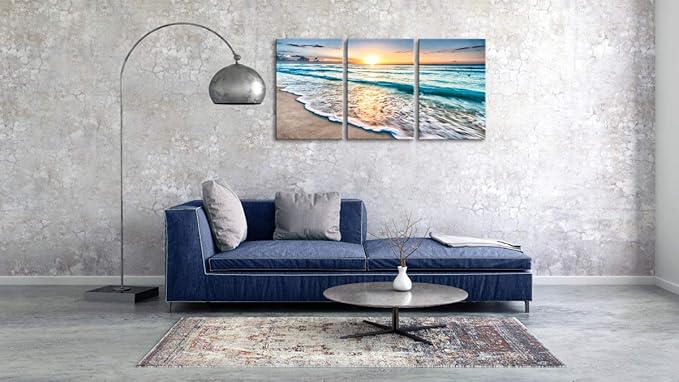 Wieco Art 3 Panels Blue Beach Sunrise White Wave Pictures on Canvas Wall Art