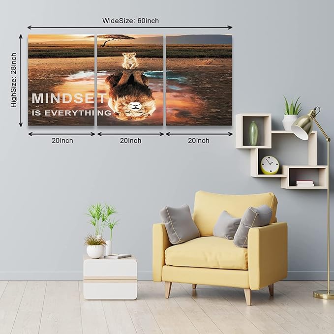KAWAHONE Motivational Lion King Mindset Wall Art Gold, Success Cat Reflect Lion