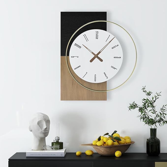19x16 Inch Modern Silent Wall Clock Battery Operated, Wooden Farmhouse