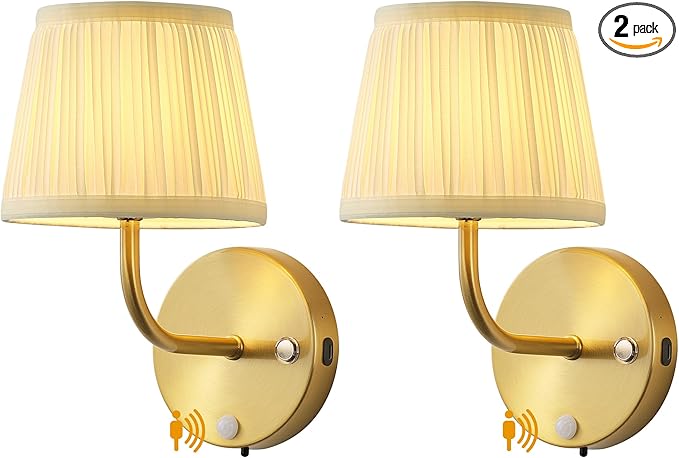 PUSU Motion Sensor Gold H9.6 inch Small Wall Sconces Set of 2, LED Cordless