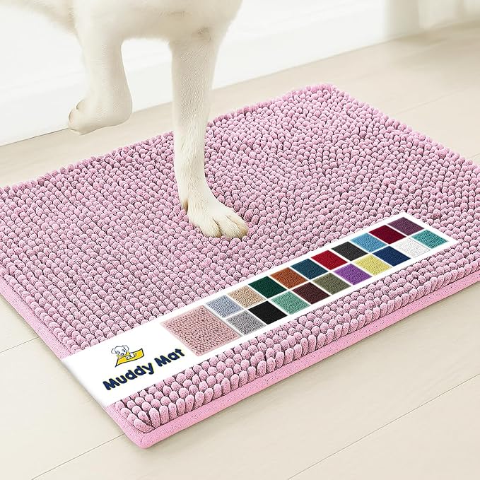 Muddy MatÂ® | Super Water Absorbent Door Mat Indoor, Microfiber Quick Dry Chenille Entryway Rug, Slip Resistant Front Door Mat, Indoor Mats for Entryway, Machine Washable Pet Rug, Pink 16"x24"