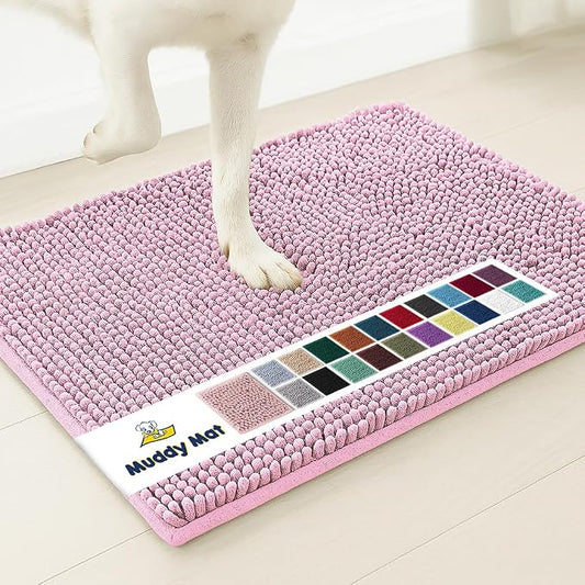 Muddy MatÂ® | Super Water Absorbent Door Mat Indoor, Microfiber Quick Dry Chenille Entryway Rug, Slip Resistant Front Door Mat, Indoor Mats for Entryway, Machine Washable Pet Rug, Pink 16"x24"