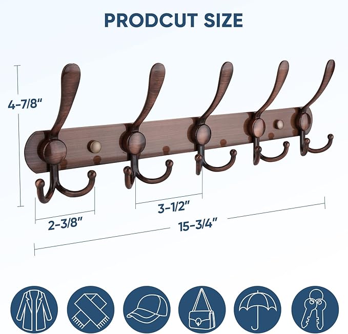 TICONN Wall Mounted Coat Rack, Five Heavy Duty Tri Hooks All Metal Construction