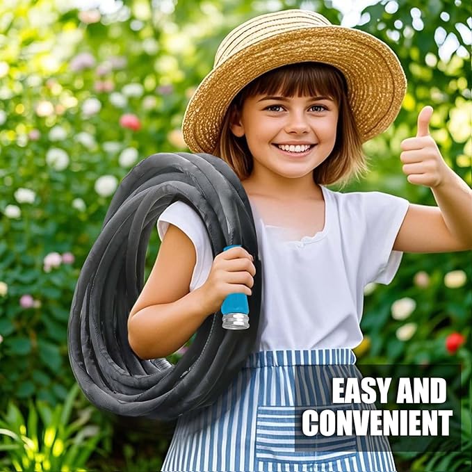 Non-Expandable Garden Hose 50feet, with 10 Function Hose Nozzle, Tough & Flexible, Lightweight, Crush Resistant Fittings, Kink & Tangle Free, Rust Proof（Black）