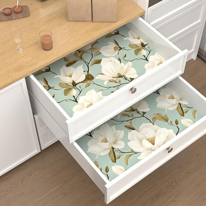 Modern Green White Flowers Wallpaper Blue Floral Peel and Stick Contact Paper