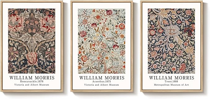 Framed Large William Morris Canvas Wall Art Set of 3, Vintage Floral Botanical