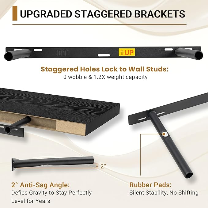 Black Floating Shelves for Wall 24 Inches Long, Heavy Duty Shelf for Bedroom