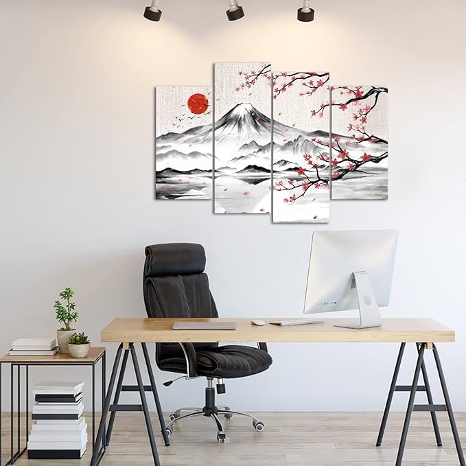 LyerArtork 4 Panel Japanese Ink Painting Wall Art Mount Fuji