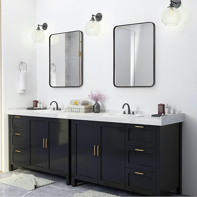 Black Framed Bathroom Mirror for Wall, Matte Black Rounded Corner Rectangle
