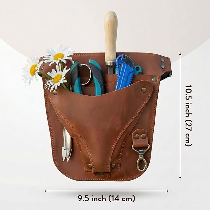 Leather Florist Tool Belt – Garden Tool Pouch with Adjustable Belt, Genuine Leather Gardening Waist Bag for Florists & Gardeners, Utility Floral Tool Holder, Warm Brown