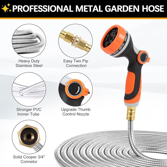 Metal Garden Hose 50 ft with 10 Function Sprayer Nozzle, Lightweight Stainless Steel Water Hose with 3/4" Solid Fittings, Flexible Kink Free Leak Proof for Yard, Patio, Outdoor & Car washing