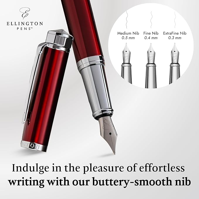 Ellington Pens Luxury Fountain Pen Set - Smooth Medium Nib- Includes 3 Ink Cartridges, Refillable Ink Converter, Gift Box- Fountain Pens For Writing, Calligraphy, Journaling, Sketching (Scarlet Slate)