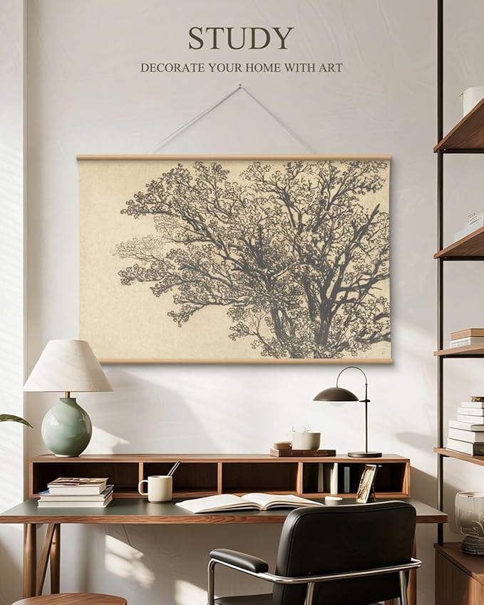 VIYYIEA Extra Large Canvas Wall Art 36x54 Inch Vintage Tree Sketch Landscape Hanging Scroll, Rustic Nature Wall Decor Oversized Artwork for Living Room Bedroom Above Sofa