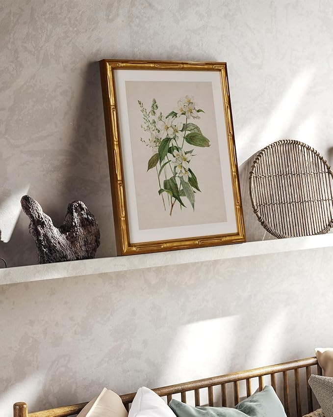 InSimSea Gold Bamboo Framed Canvas Wall Art, Neutral Floral Botanical Paintings