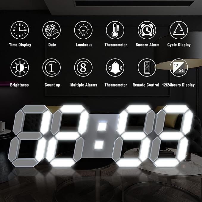 15" 3D LED Digital Wall Clock, Large Decor Wall Clock, Time/Date/Temperature