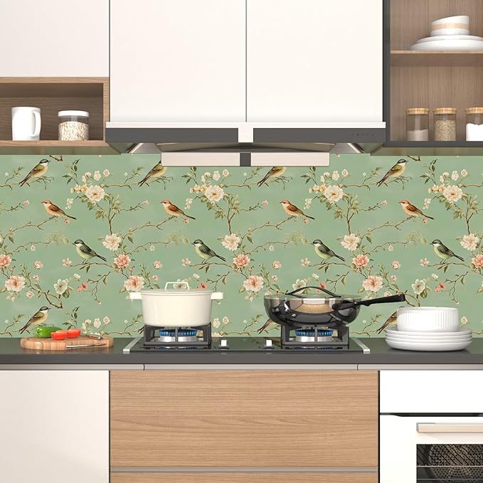 Laatse Green Floral Wallpaper Peel and Stick Bird Wallpaper Pink Flower Contact