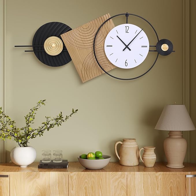 37.7X21Inch Large Modern Wall Clock Geometric Dial-Solid Wood Metal Frame