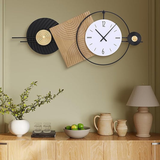 37.7X21Inch Large Modern Wall Clock Geometric Dial-Solid Wood Metal Frame