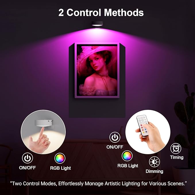 3 Pack Picture Lights for Wall, 13 RGB Color Rechargeable Battery Operated wall