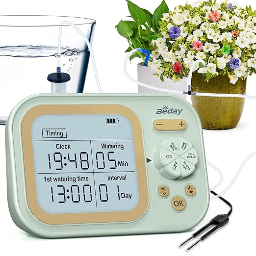 Automatic Plant Waterer Indoor Self Watering System for 15 Potted Plants, Auto Drip Irrigation Kit Programmable Water Timer with Smart Humidity Detection, Green
