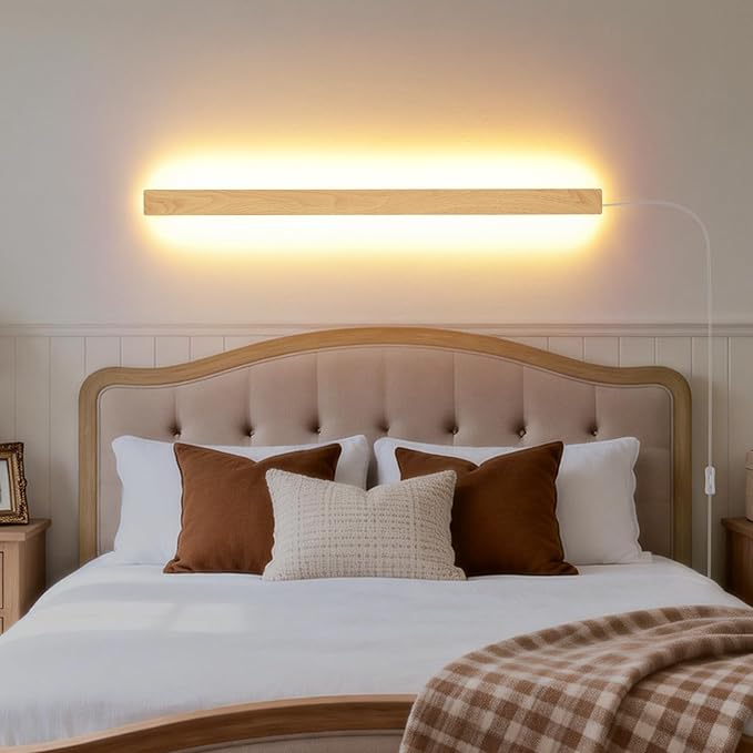 Modern Plug in Long Wall Sconce, 31.4 inch Faux Wood Texture Finish LED Wall