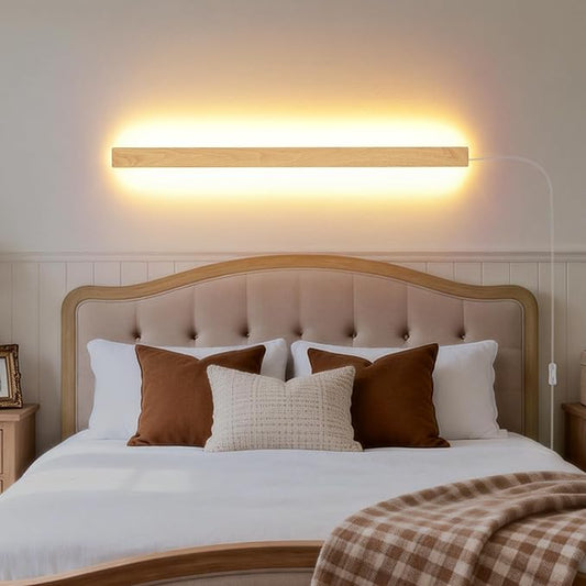 Modern Plug in Long Wall Sconce, 31.4 inch Faux Wood Texture Finish LED Wall