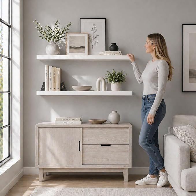 60 inch White Floating Shelves for Wall 8 -inch deep Set of 2, Heavy Duty Solid
