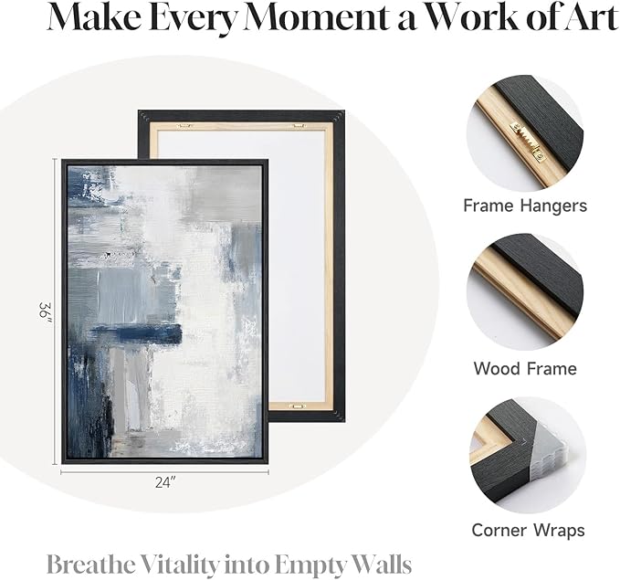 Large Framed Blue Gray Abstract Wall Art Set of 2, Modern Canvas Artwork