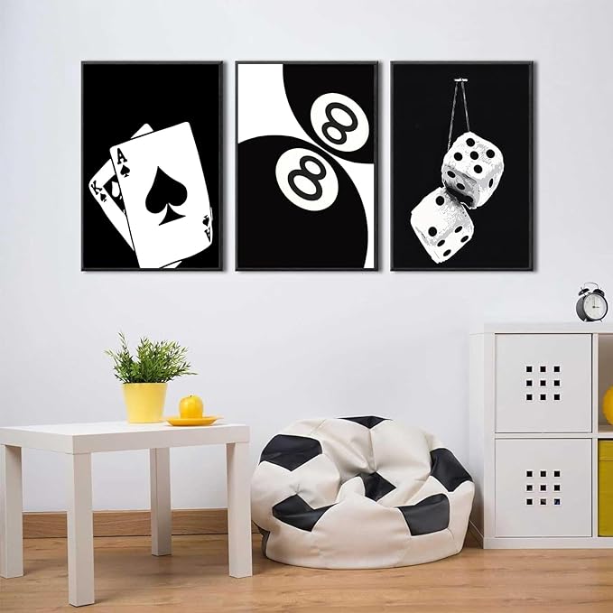 3Pcs Black and White Poker Dice Canvas Wall Art Lucky You Poster Prints Trendy